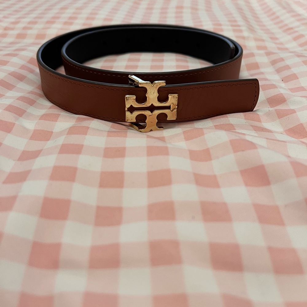 Tory Burch Tan Leather Belt with Gold Emblem